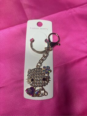 New Bag Charm Fashion Jewelry Gold-Tone Pink Crystal Cat Key & Card Holder Charm
